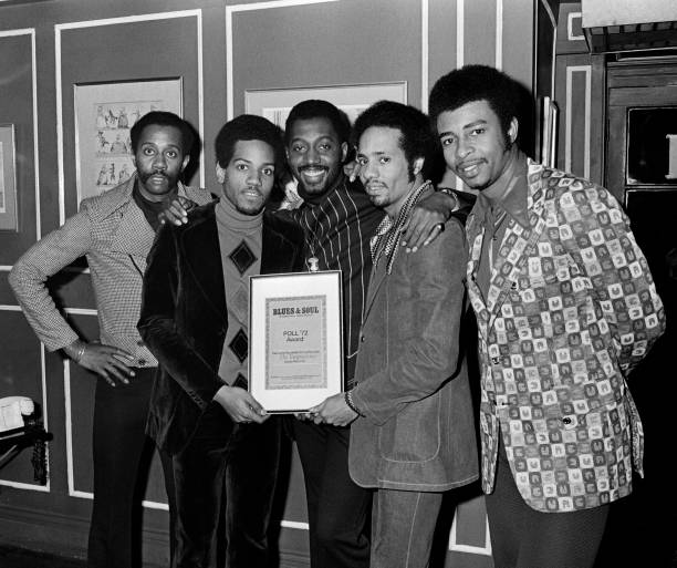 American vocal group The Temptations receive the Blues & Soul Poll '72 Award at the Rainbow Theatre, Finsbury Park on March 27, 1973 in London,...