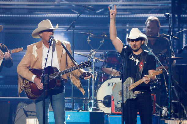 Alan Jackson and Brad Paisley perform during the 51st annual CMA Awards at the Bridgestone Arena on November 8, 2017 in Nashville, Tennessee.